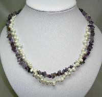 Beautiful Real Amethyst Bead and Freshwater Pearl Bead Twist Necklace