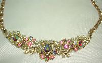 Vintage 50s Pretty Pink AB Diamante Ornate Link Scallop Drop Necklace 