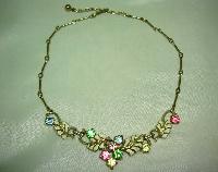 Vintage 50s Cream Enamel Floral Link Multicoloured Diamante Necklace
