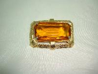 Vintage 50s Huge Amber Citrine Glass Stone Gold Textured Frame Brooch