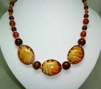 Vintage 50s Unusual Amber Brown Art Glass Design Bead Graduating Necklace