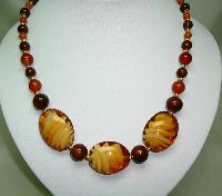 Vintage 50s Unusual Amber Brown Art Glass Design Bead Graduating Necklace