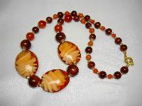 Vintage 50s Unusual Amber Brown Art Glass Design Bead Graduating Necklace