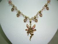 Signed Kirks Folly Pink Quartz & AB Diamante Dangle Angel Gold Necklace
