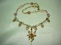 Signed Kirks Folly Pink Quartz & AB Diamante Dangle Angel Gold Necklace