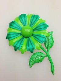 Vintage 60s Large Green Metal Enamel Flower Brooch 