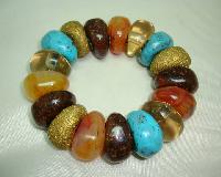 Fab Chunky Multicoloured Bead Stretch Bracelet Tuquoise Amber Brown