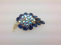 Vintage 50s Quality Huge Blue AB Diamante Goldtone Statement Brooch 
