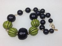 Stunning Signed Jaeger Chunky Black and Green Striped Bead Necklace