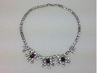 Vintage 50s Sparkling Flower Drop Amethyst and Clear Diamante Paste Necklace