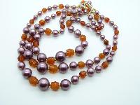 Vintage 50s Three Row Amber Glass and Purple Glass Faux Pearl Bead Necklace