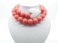 Fab Chunky Long Coral Plastic Bead Necklace Large White Heart Feature 84cms