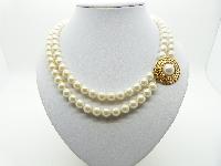 Vintage 80s Classy Two Row Faux Pearl Bead Necklace with Gold Side Clasp