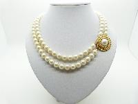 Vintage 80s Classy Two Row Faux Pearl Bead Necklace with Gold Side Clasp