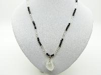 Vintage Redesigned Black and Clear Glass Bead Necklace White Heart Pendant