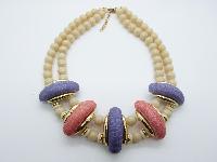 Vintage 60s Purple Pink and Cream Two Row Plastic Bead Collar Necklace 