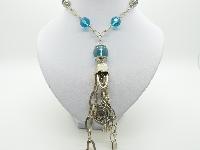 Long Silvertone Chain Link Necklace with Blue Glass Beads and Coin Charms