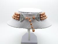 Vintage 50s Three Row Chunky Bronze Pink Lucite Pearl Bead Necklace Fab