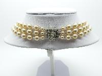Vintage 50s Stunning Three Row Crystal and Faux Pearl Glass Bead Necklace
