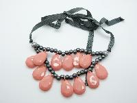 Stunning Orange and Grey Bead Double Row Dropper Necklace Grey Ribbon Tie