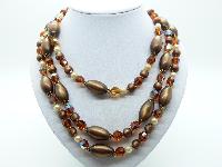 Vintage 50s Three Row Brown Moonglow and AB Crystal Glass Bead Necklace