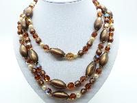 Vintage 50s Three Row Brown Moonglow and AB Crystal Glass Bead Necklace