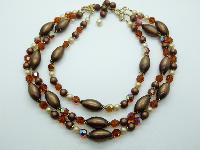 Vintage 50s Three Row Brown Moonglow and AB Crystal Glass Bead Necklace