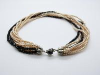 Vintage 50s Eight Row Glass Faux Pearl Black Glass Crystal Bead Necklace