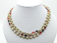 Vintage 30s Red and Black Crystal Faux Pearl Glass Bead Flapper Necklace 