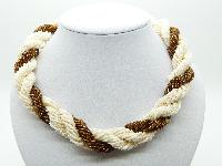 Vintage 50s Three Row Cream Brown Bugle Glass Bead Statement Twist Necklace