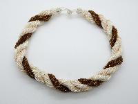 Vintage 50s Three Row Cream Brown Bugle Glass Bead Statement Twist Necklace