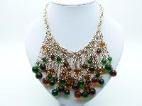 Vintage 60s Green and Citrine Glass Tassel Drop Goldtone Chain Necklace