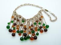 Vintage 60s Green and Citrine Glass Tassel Drop Goldtone Chain Necklace