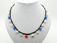 Vintage 70s Pretty Black Glass Bead Necklace with Glass Flower Charms 49cms