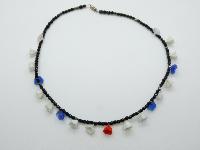 Vintage 70s Pretty Black Glass Bead Necklace with Glass Flower Charms 49cms