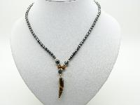 Vintage 80s Hematite Bead Necklace with Tigers Eye Horn of Plenty Pendant 45cms Long
