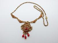 Vintage 60s Filigree Goldtone Red Glass and Pearl Dropper Pendant Necklace