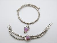1990s Silver Metal Bead Flexible Choker Opaline Pendant and Bracelet Set 