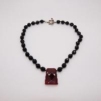 Classy Black Glass Bead Necklace with Cornelian Faceted Cut Drop Pendant 