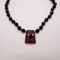 Classy Black Glass Bead Necklace with Cornelian Faceted Cut Drop Pendant 