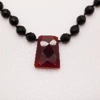 Classy Black Glass Bead Necklace with Cornelian Faceted Cut Drop Pendant 