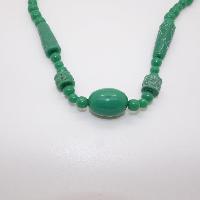 Vintage Chunky Green Carved Plastic Long Bead Necklace Chinese Inspired WOW