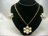 80s Diamante & Pearl Flower Necklace Brooch & Earrings