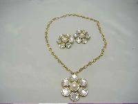 80s Diamante & Pearl Flower Necklace Brooch & Earrings