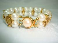 1980s 2 Row Glass Faux Pearl & Gold Ying Yang Bracelet