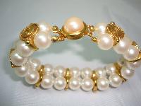 1980s 2 Row Glass Faux Pearl & Gold Ying Yang Bracelet