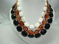 Vintage 50s Style 3 Row Chunky Black Amber Cream Bead Necklace