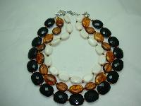 Vintage 50s Style 3 Row Chunky Black Amber Cream Bead Necklace