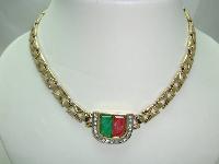 Vintage 80s  Red and Green Glass Diamante Fancy Gold Link Necklace FAB
