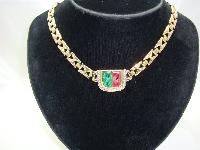 Vintage 80s  Red and Green Glass Diamante Fancy Gold Link Necklace FAB